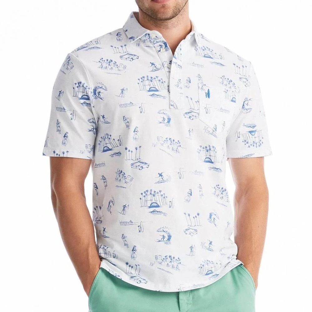 Johnnie-O Hangin Out Mens XXL Polo Shirt Blue White Surfer Toile Print Cotton